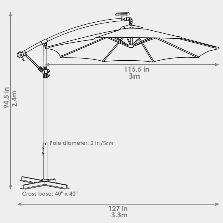 10FT LED Solar Hanging Market Patio Umbrella